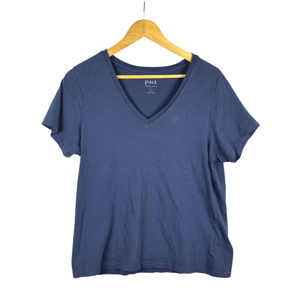 Pact Women Short Sleeve V-neck Org Cotton T-Shirt Sz L Classic Blue Breathe FLAW